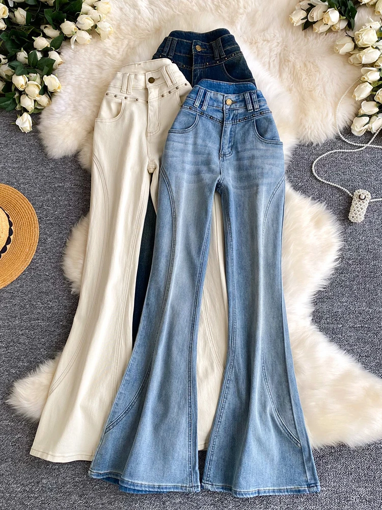 

American style retro high waisted denim micro elastic flared pants women's spring casual slim fit versatile wide leg pants