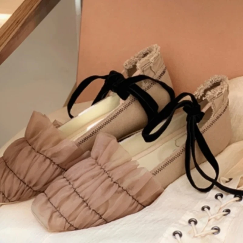 

Designer Brands Mesh Lace-up Shoes Fashionable Ballet High Heels Elegant Low-Heeled Women's Shoes Casual Shoes Mary Jane Shoes
