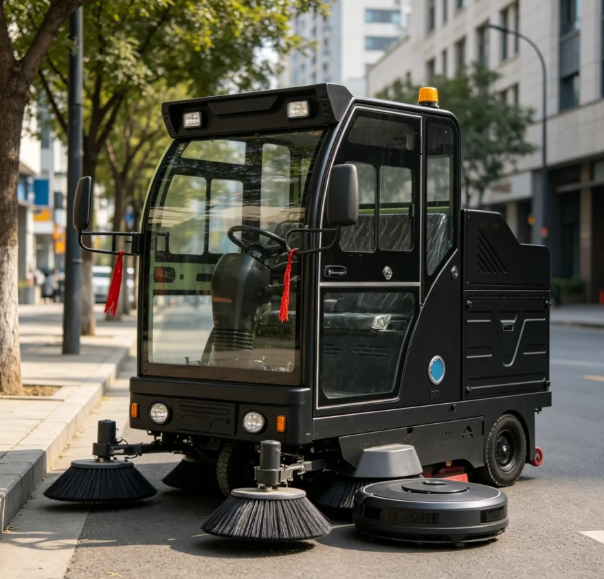 Electric Road Sweeper Closed Cabin Ride-on Sweeping Machine Heavy Duty Industrial Street Cleaner for Property er Car Machine