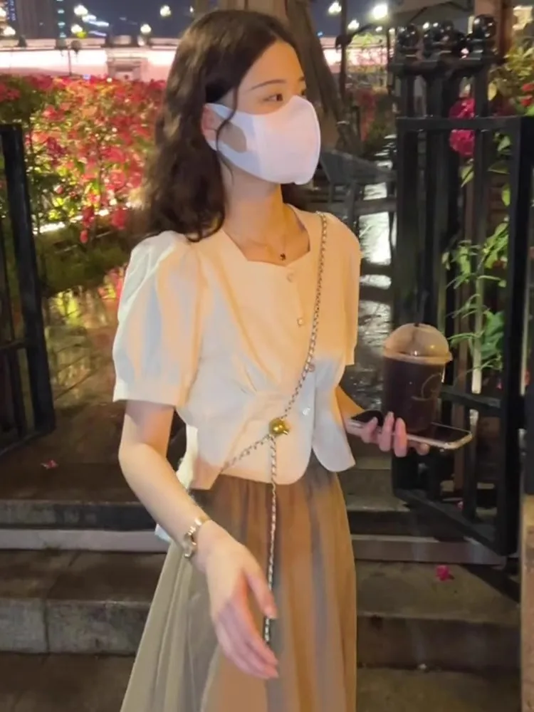 

Summer New Women's Bubble Sleeve Short Sleeve Shirt Loose Slimming Belly Covering Short Length Chiffon Top Korean Style Commu...