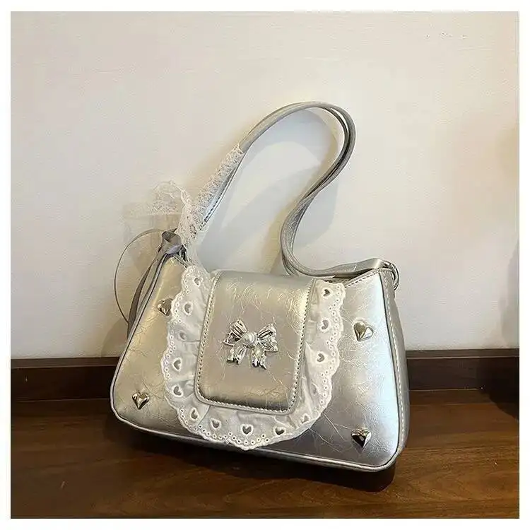 Bloom Hot Girls Lace Bow Black Shoulder Women Haruku Sweet Cute Leather Crossbody Bags Ladies Ballet Style Y2k Handbag