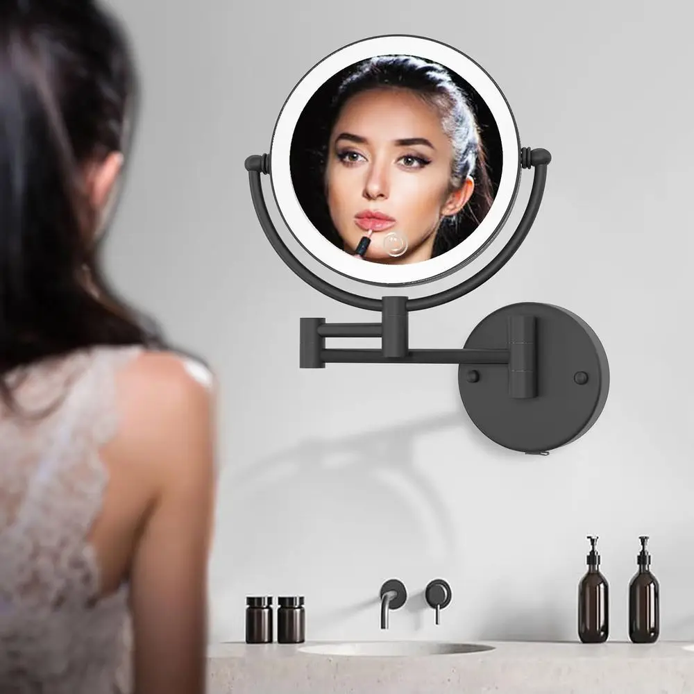 8 مرآة مكياج LED مع تعتيم 3 ألوان، تكبير 1X/10X، ذراع قابلة للتمديد، 360 درجة °   دوار، سلكي، أسود غير لامع