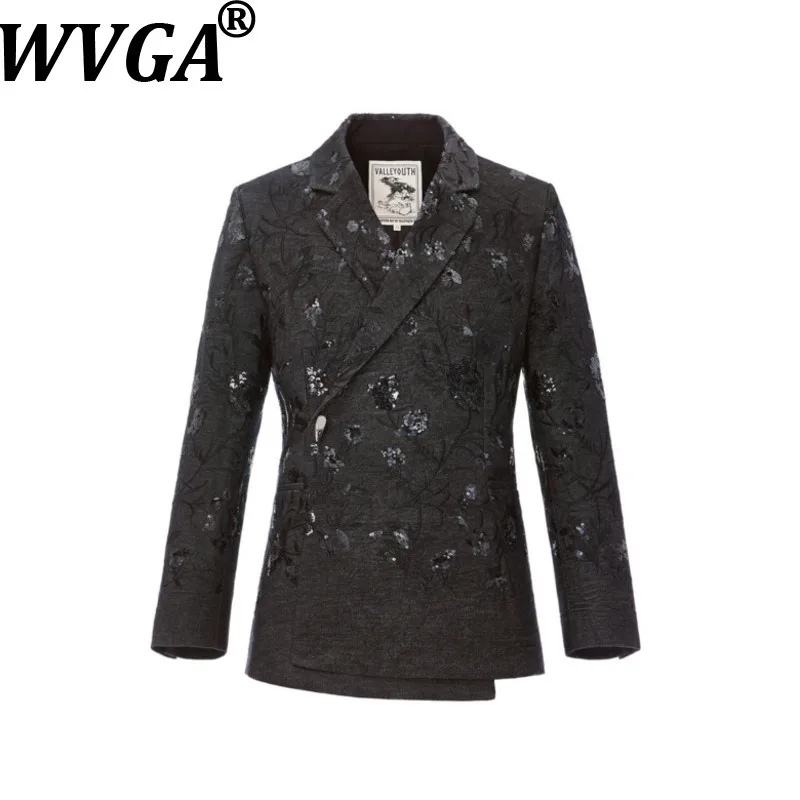 WVGA Spring Autumn New Men Tide Heavy Beaded Embroidery Asymmetrical Washed Denim Blazer Niche Chic Casual Jakcet Ins Y2K W18673