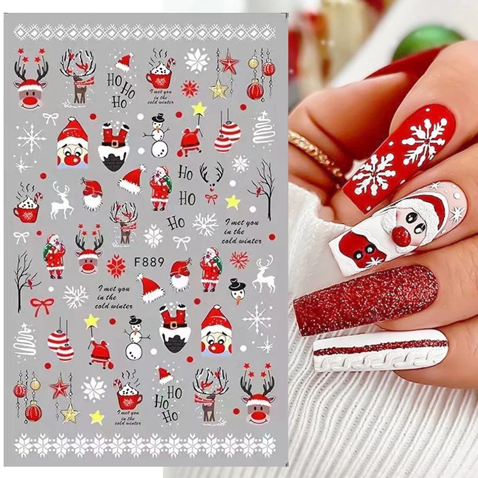 3D Christmas Nail Art Sticker Red Santa Snowflake Elk Penguin Holly 2022 Winter Decal Slider New Year Manicure Decoration BEF889