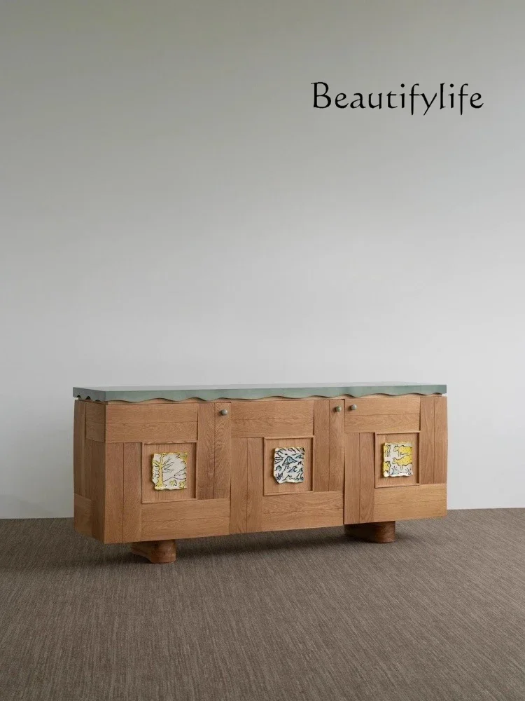 Q Y Medieval Style Household Creative Multi-functional Solid Wood Dining Side Cabinet French Retro Hand-painted Log Entrance Cab
