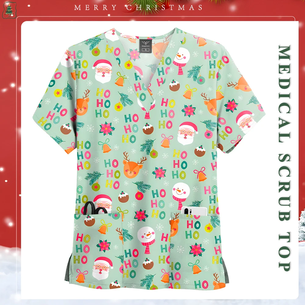 New Scrubs Shirts Medical Nurse Uniform Red Green Christmas Uniforms Men Women's V Neck Short Sleeve Tops Pockets Nursing Blouse