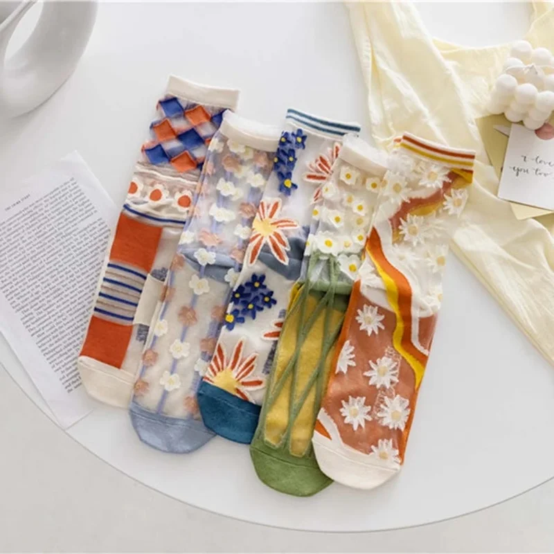 

Summer Thin Middle Tube Flowers Glass Silk Breathable Women's Socks Lace Lovely Female Hosiery