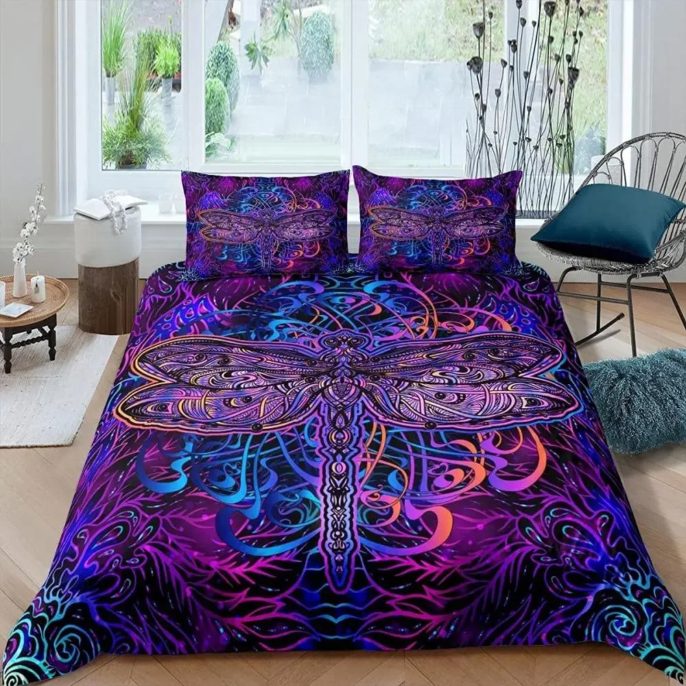 Bohemian Dragonfly Duvet Cover Set King Size Mandala Paisley Bedding Set Purple Tie Dye Iridescent Hippie Polyester Quilt Cover