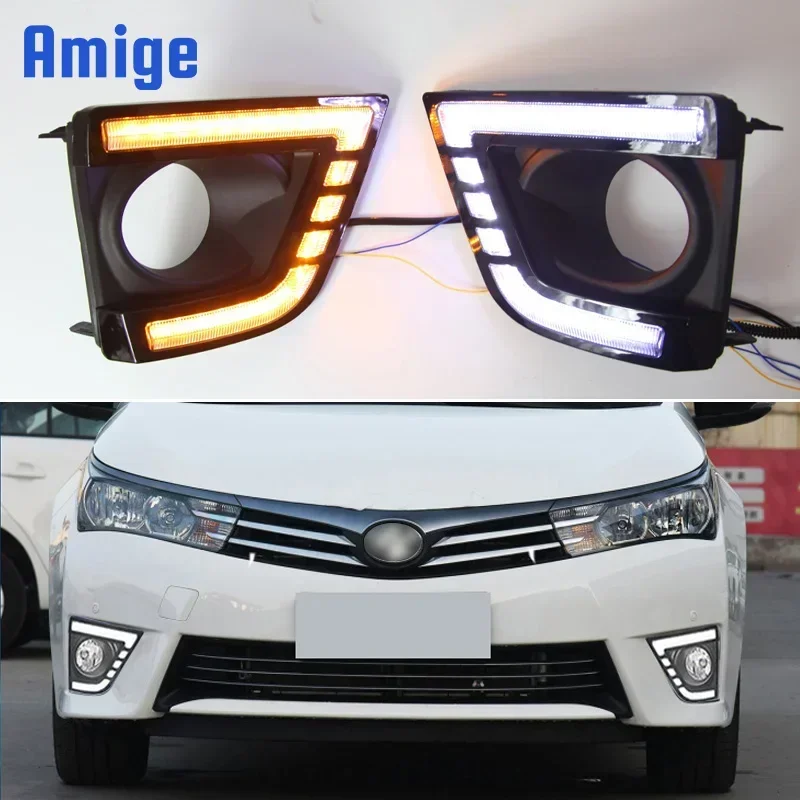 

Car LED DRL 12V Daytime Running Lights For Toyota Corolla 2014 2015 2016 Yellow Turn Signal Night Blue Running Lamps Car Foglamp