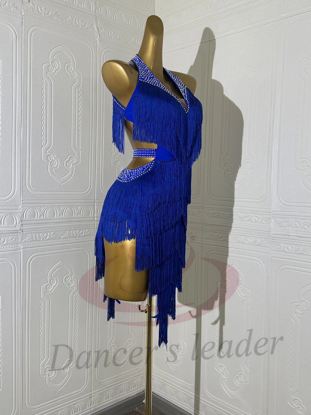 فستان راقص لاتيني، فستان شرابة باللون الأزرق الداكن مخصص للبالغين والأطفال، فستان أداء تانجو سامبا AB Stone