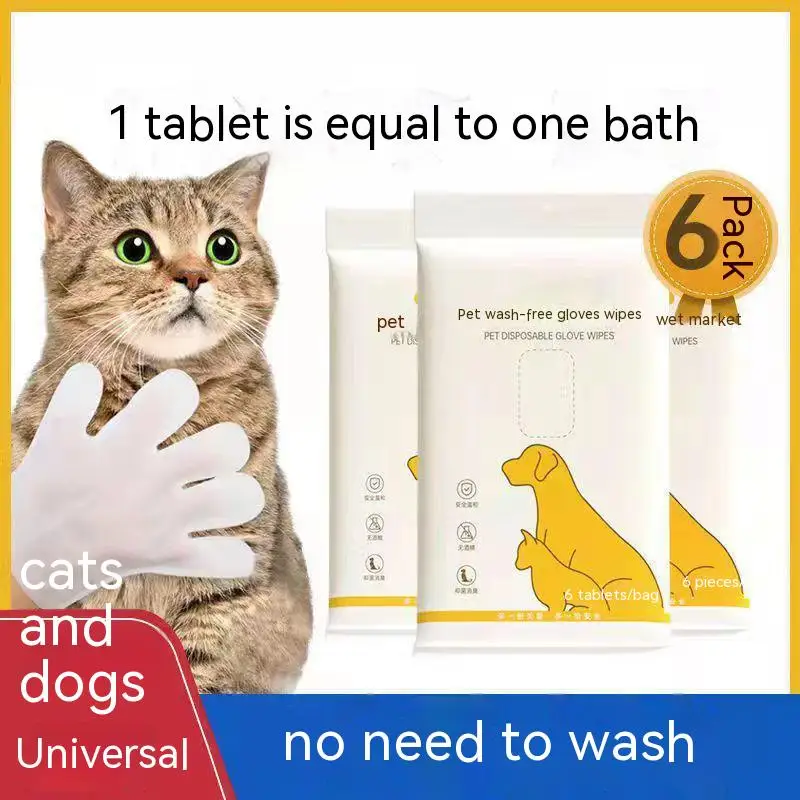 6 Pcs Pet Hand Wash Gloves Disposable Non-woven Cat Bath Wipes Massage Deodorant Cat Dog Bath Supplies Pet Cleaning Accessories