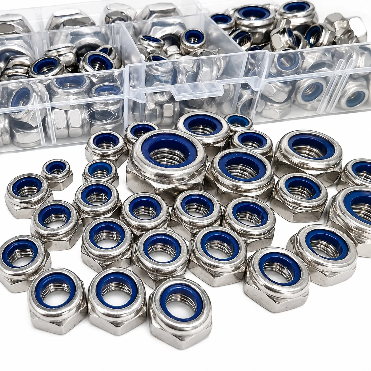 100pcs Stainless Steel Nylon Lock Nuts M3-M10, Hex Self-Locking Nuts, Multi-Size Fasteners for Industrial & Mechanical Use