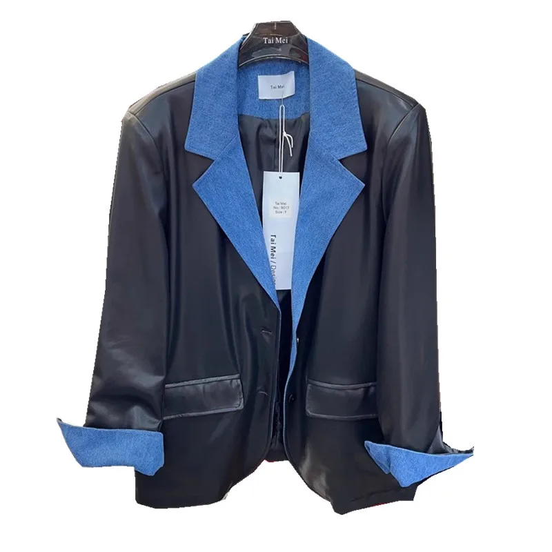 2024 primavera autunno giacca in pelle PU donna denim impiombato giacca in pelle moda tasca monopetto cappotto in pelle femminile