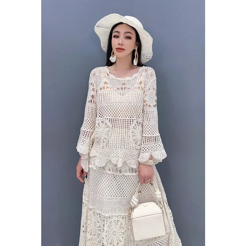 SuperAen 2024 Spring/Summer New Lace Set Hollow Top Large Swing Long Dress Two Piece Set Fashion Elegant Dress Set