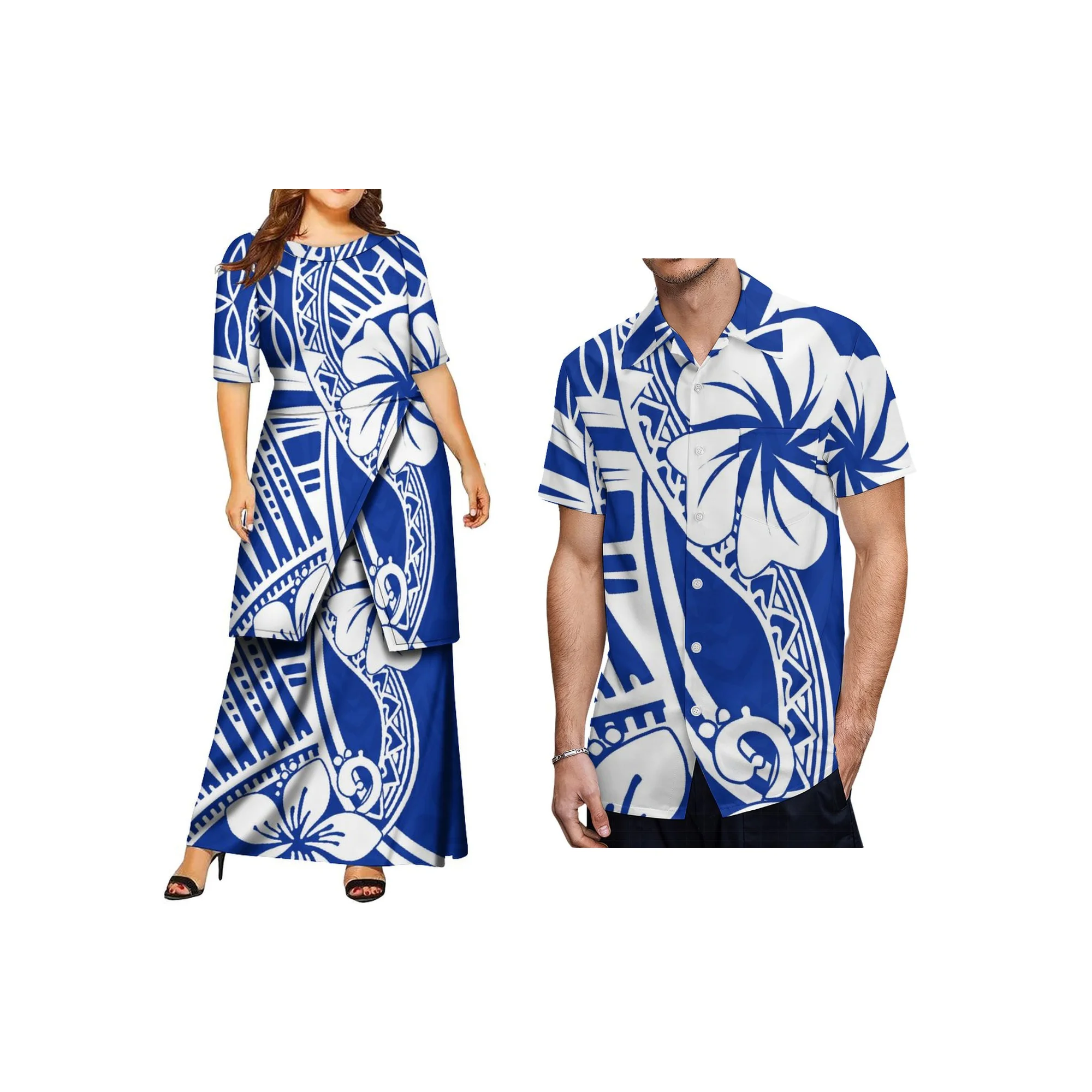 الجملة مخصص البولينيزية القبلية تصميم الأزواج مطابقة وتتسابق نصف كم فستان بوليتاسي والقمصان الرجالية