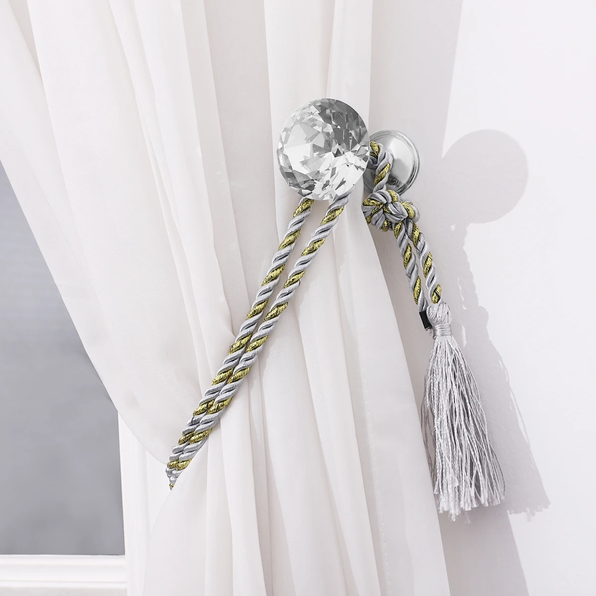 

2pcs Crystal Curtain Hooks Silver Zinc Alloy Shiny Faux Diamond Drapery Tiebacks For Window Wall Door Decor Hardware Accessory