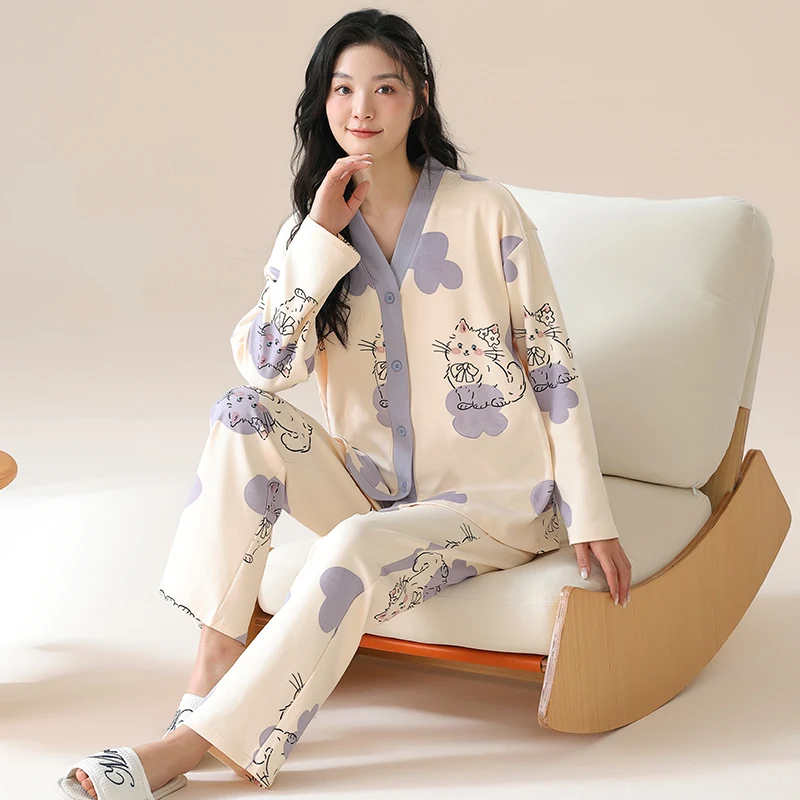 Y2k Women\'s 100% POLYESTER Pajamas with Cartoon Print Korean Fresh Ins Style Harajuku Lounges 2pcs 2024 New Spring/fall Homewear