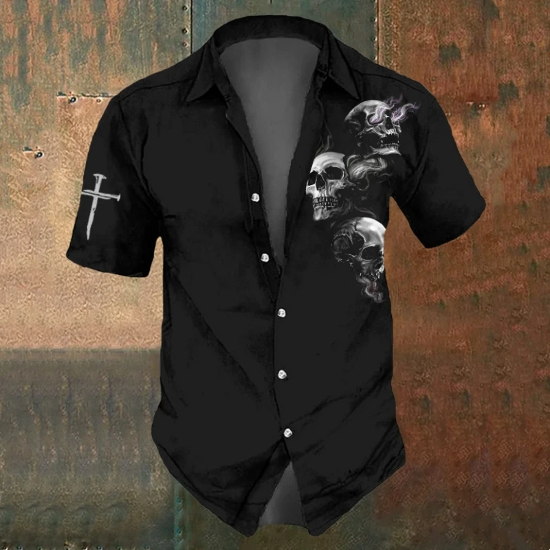 Summer Men\'s Skull Shirts Casual Short Sleeve Shirt For Men Black White Printed Men\'s Clothing Loose Oversized Lapel Shirts Top