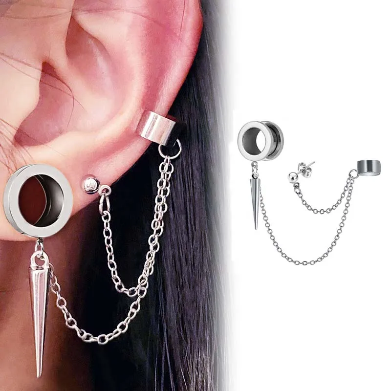 Dilatador de oreja de acero inoxidable, 2 piezas, Punk, cono puntiagudo, cadena colgante, Clip de oreja, tapones de oreja, Piercing de hélice, expansor de oreja 3 en 1