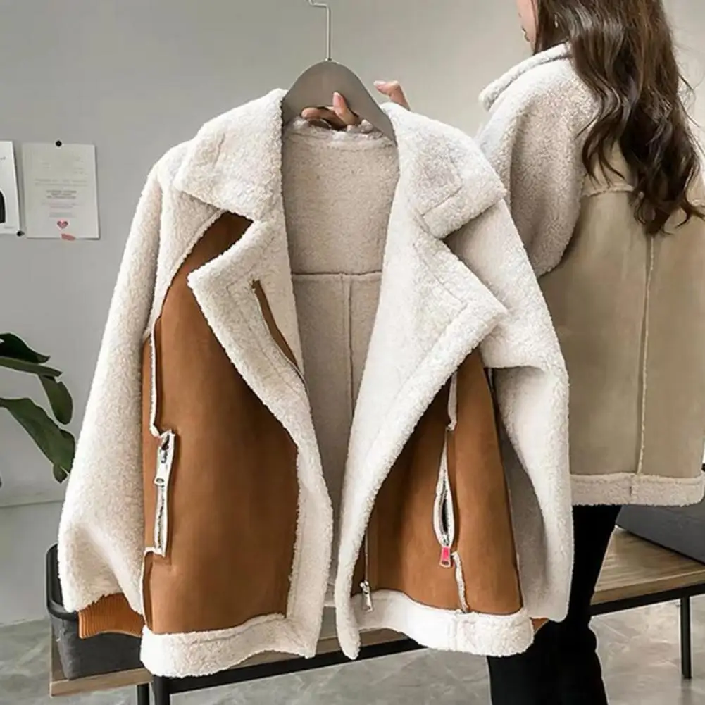 Women Jacket Lapel Collar Jacket Fall Winter Women’s Thick Lambswool Coat Heat Retention Windproof Jacket with Turn-down