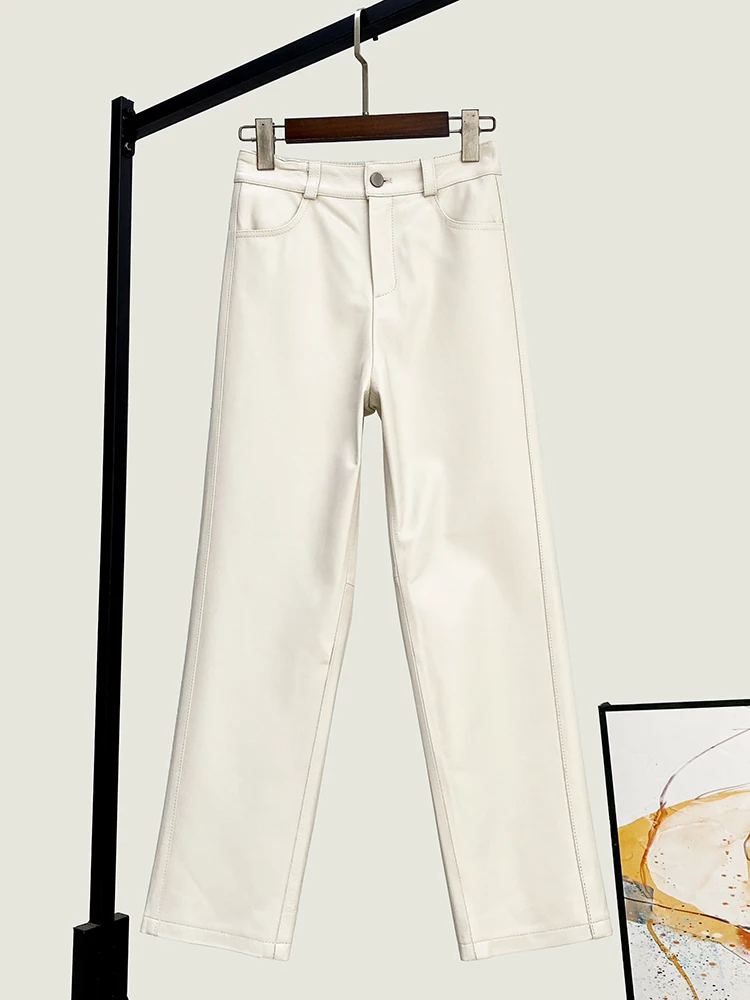 Winter New High Quality Genuine Leather Pants Women's Straight-Leg Stylish Simple and Versatile Sheepskin Cropped