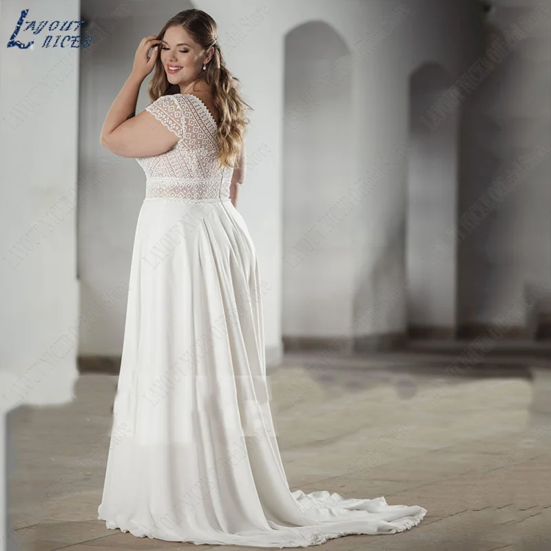 LAYOUT NICEB Elegant V-Neck Wedding Dress Short Sleeves Backless Chiffon Bride Gowns A-Line Plus Size Bridal Vestidos Para Mujer