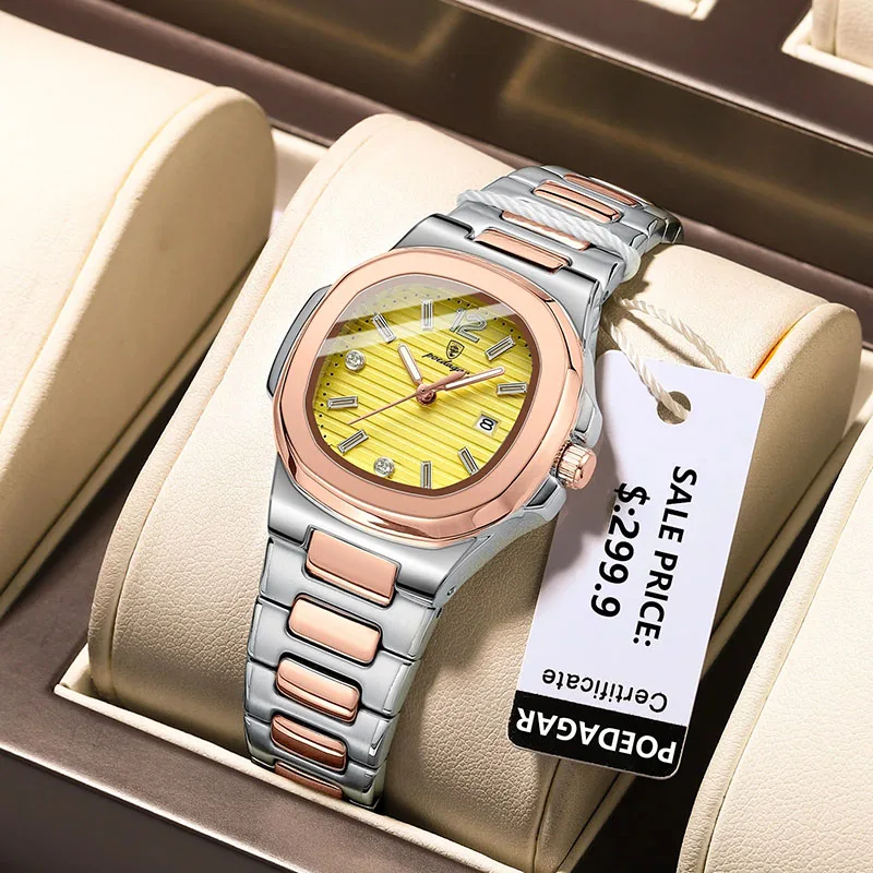 New Square Rose Gold Women Wristwatches Luminous Lxury Stainless Steel Brand Woman Watch 2024 Quartz Clock Calendar Small Dial