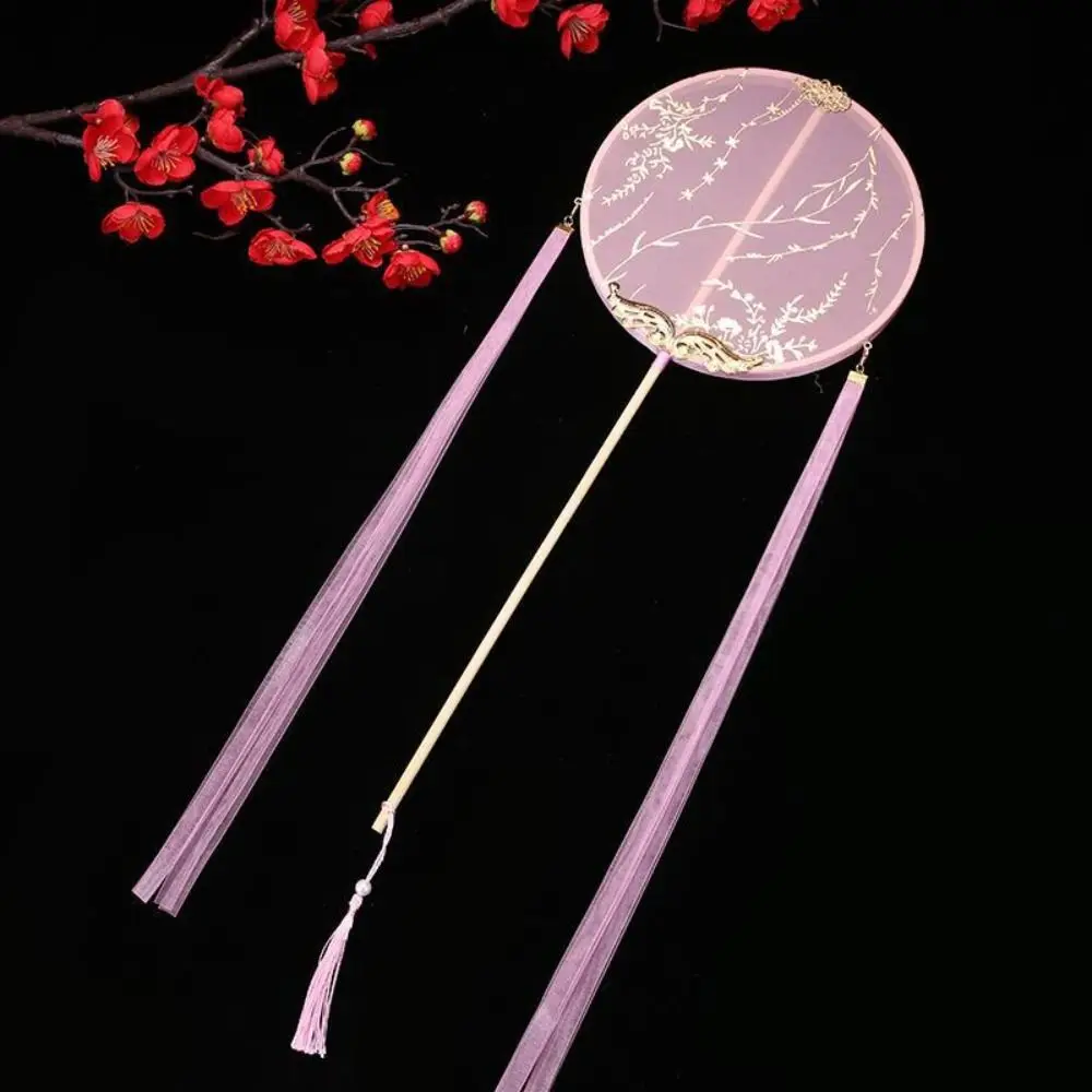 Chinese Style Chinese Style Round Fan Long Handle Tassels Embroidery Fan Translucent with Pendant Silk Fan Photography Prop