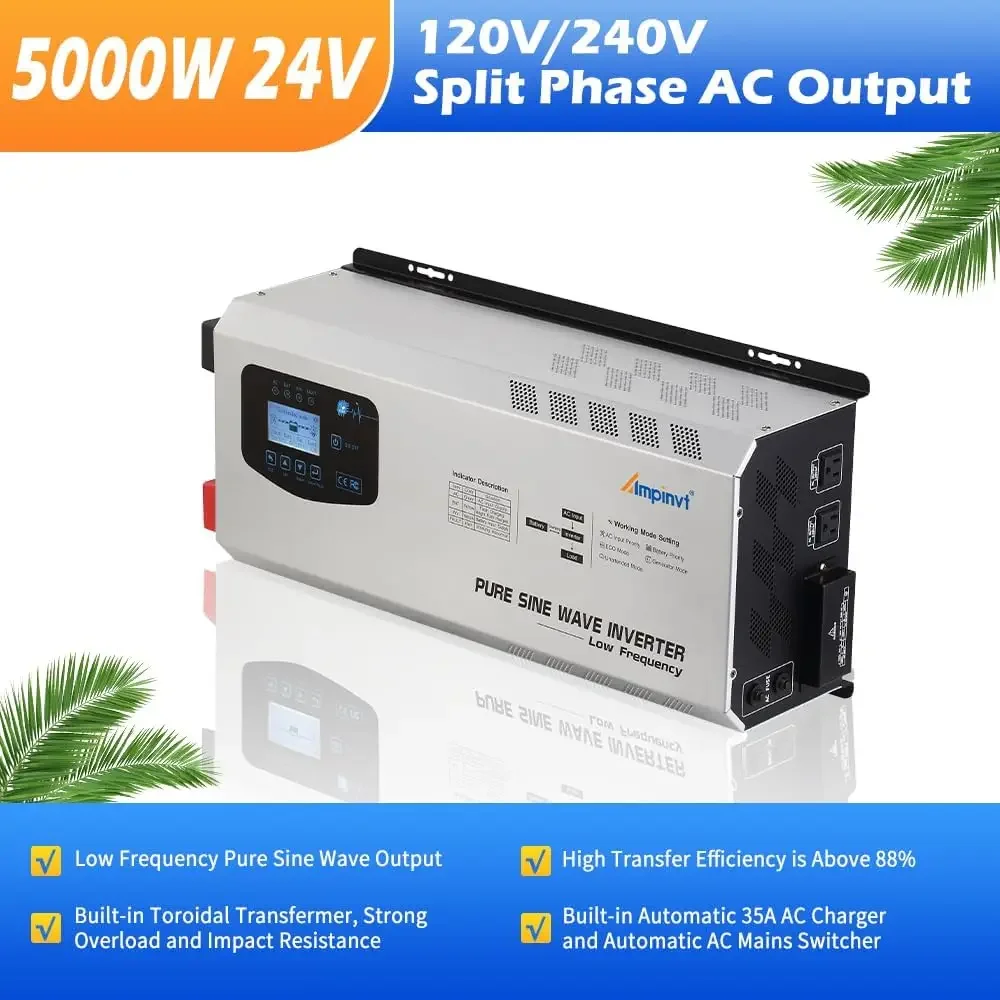 Ampinvt 5000W Peak 15000W Pure Sine Wave Inverter, DC 24V To 120V/240V AC Split Phase Output, with Battery AC Charger Off Grid Low Frequency Inverter for Solar Home