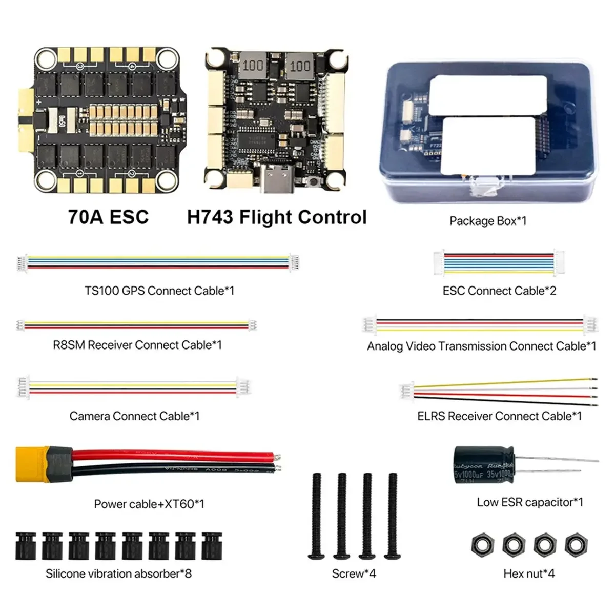 TopsH743 Flight Stack H743 Flight Control 4in1 70A/80A ESC 3-8S Lipo Dual ICM42688 Gyro 7 UART For RC FPV Racing Drone 70A 6