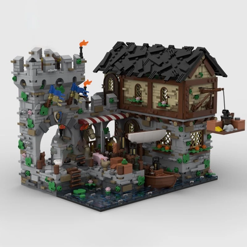 مدينة شارع عرض نموذج Moc قوالب بناء القرون الوسطى هاربور القلعة نموذج التكنولوجيا وحدات DIY المشهد كتلة هدية عيد الميلاد اللعب