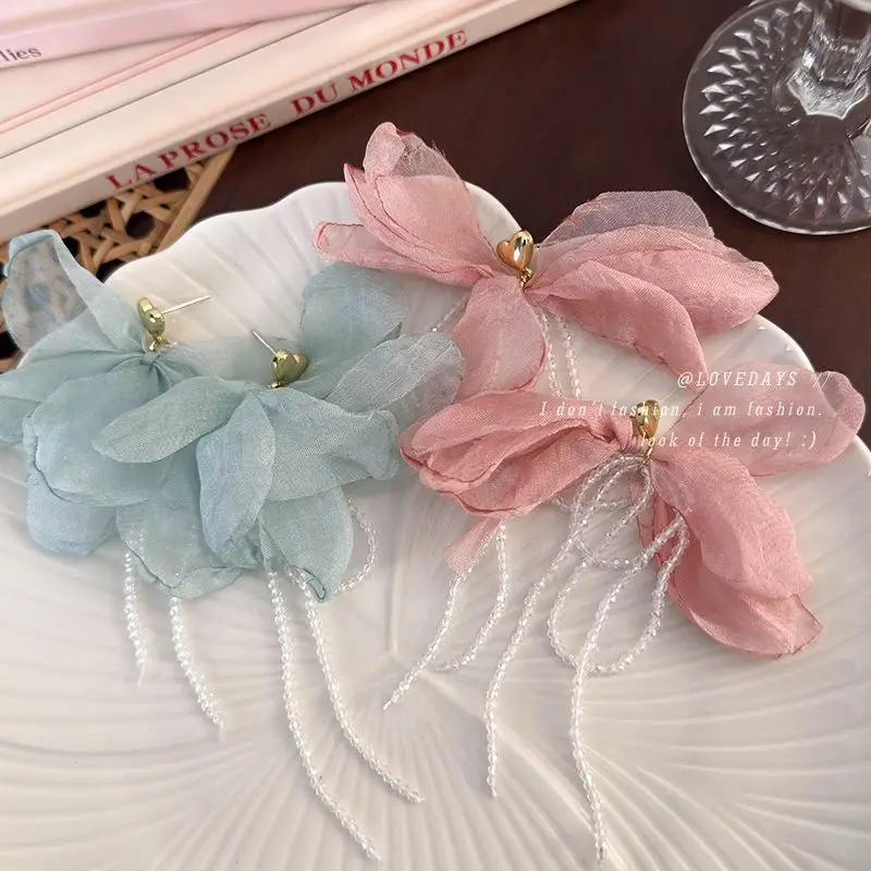 Pink Long Tassel Mesh Earrings for Women Sweet Flower Heart Pearl Studs Fashion Ear Jewelry Lightweight Delicate Drop Earrings