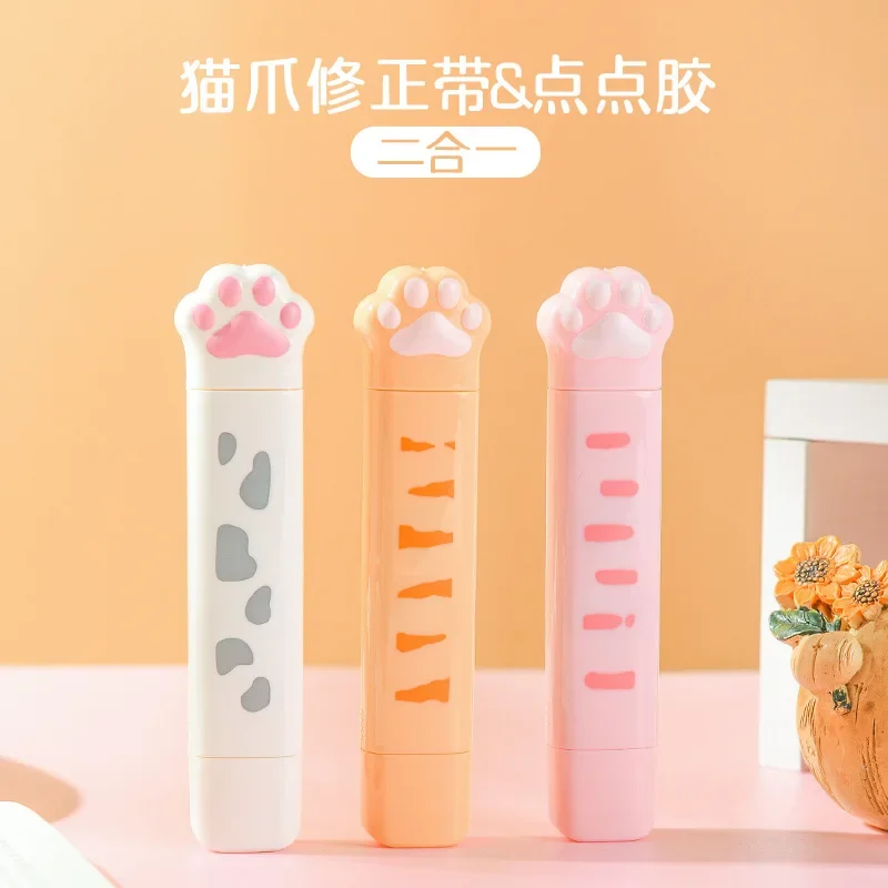 Fita corretiva 2 em 1 de pata de gato, cola de ponto, material escolar fofo, corretores de papelaria rosa kawaii