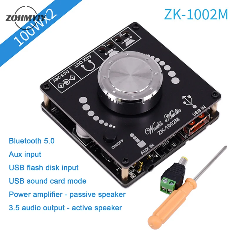 1PC Audio Amplifier Board ZK-1002M 100W+100W Bluetooth 5.0 Power Audio Amplifier Board Stereo Amplificador