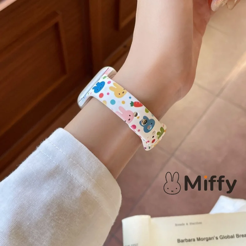 Cute Miffy Silicone Watch Band for Apple Watch Series 11 10 9 8 7 SE Slim Waist Design Wrist Strap Cute Cartoon Smartwatch Band