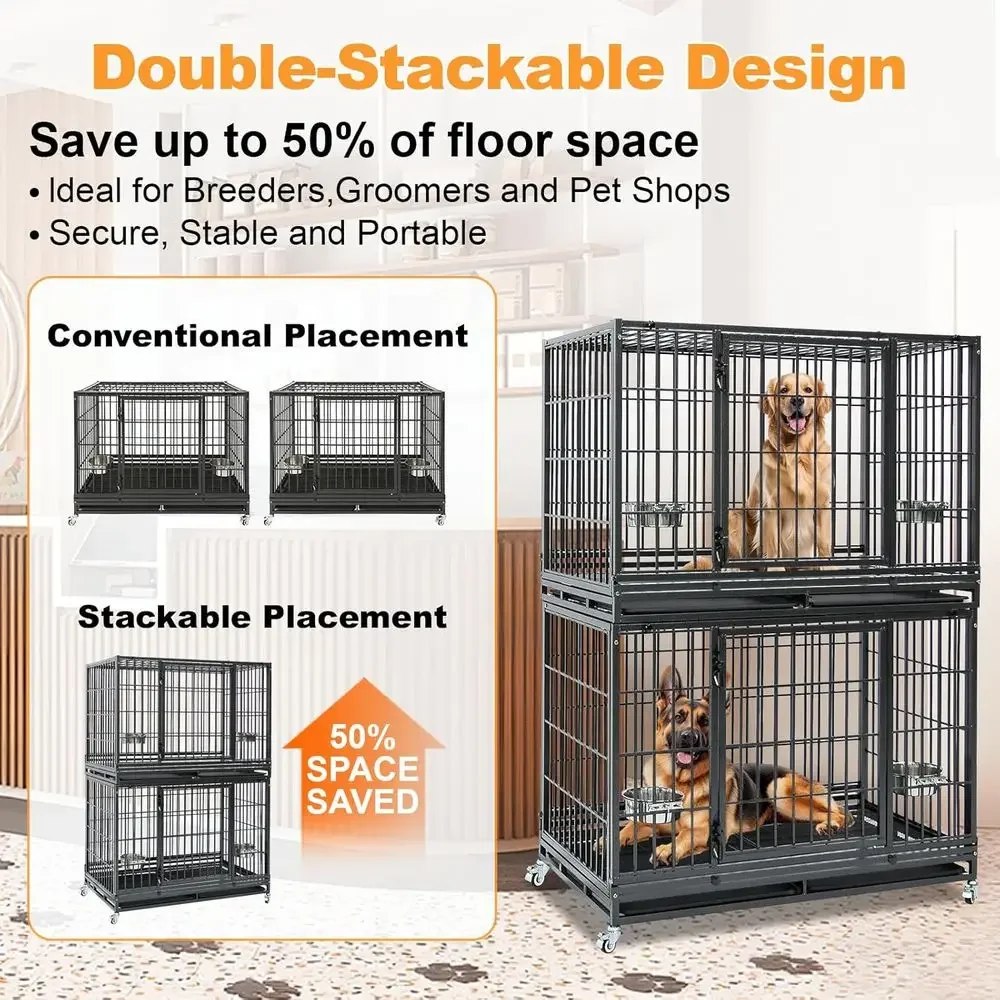 48 Inch Durable Stackable Dog Crate with Trays, Metal Grids, Wheels, Bowls, and Double Doors for Large Dogs