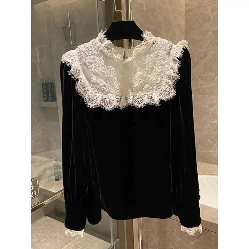 Retro fashion gold velvet stitching lace shirt women\'s autumn new beautiful and unique temperament casual foreign-style top