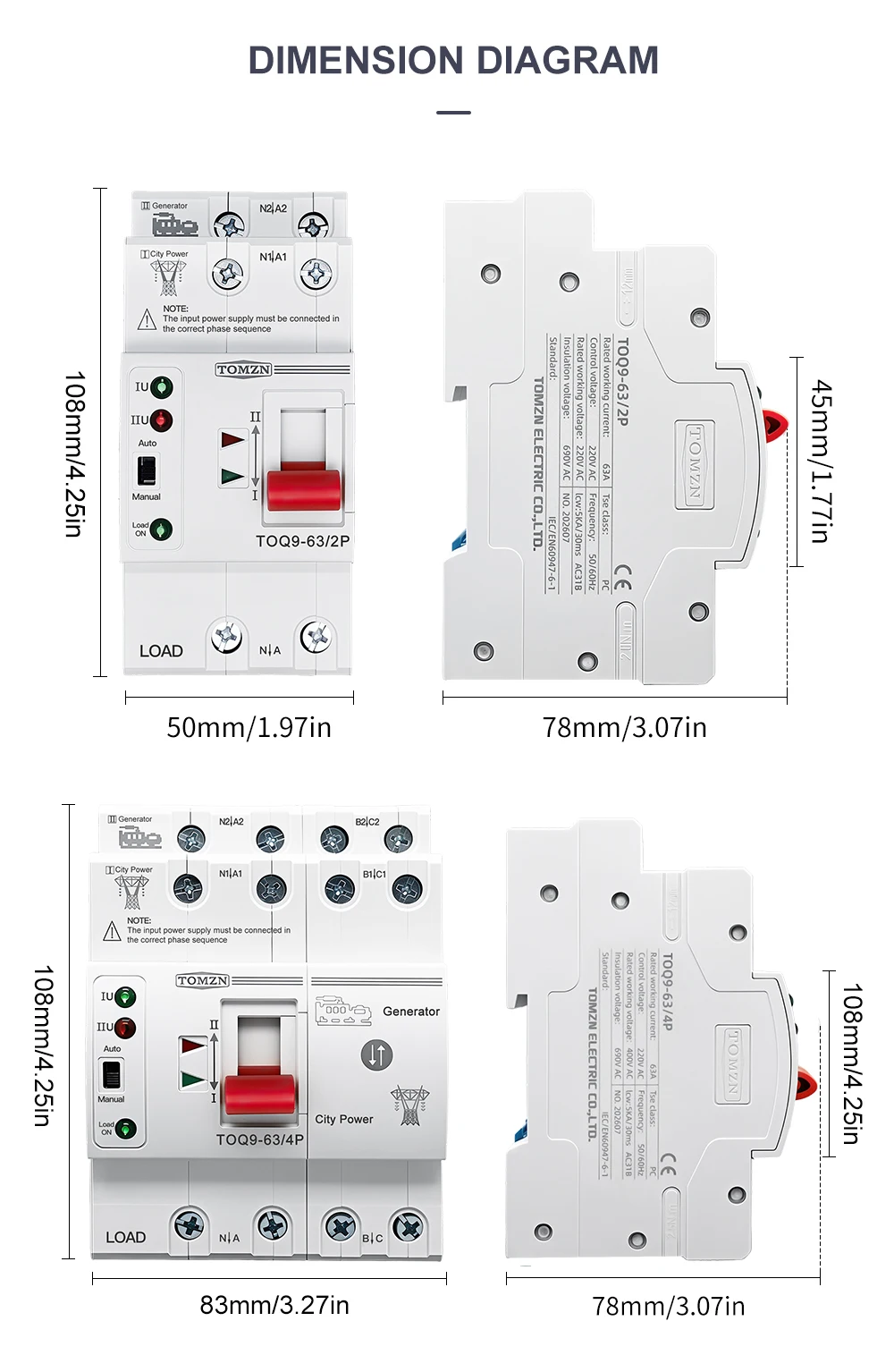 TOMZN TOQ9 Schlanker Dual-Power Automatischer Transferschalter ATS 2P 4P 230V AC 63A DIN-Schiene 50/60Hz Unterbrechungsfreier Umschalter – Detail 11