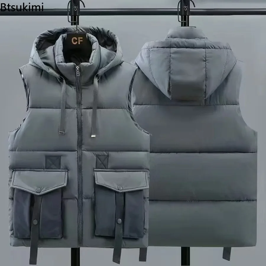 2024 Men's Fashion Down Cotton Parkas Vest Autumn Winter Thicker Windproof Casual Versatile Waistcoat Man Big Pocket Warm Jacket