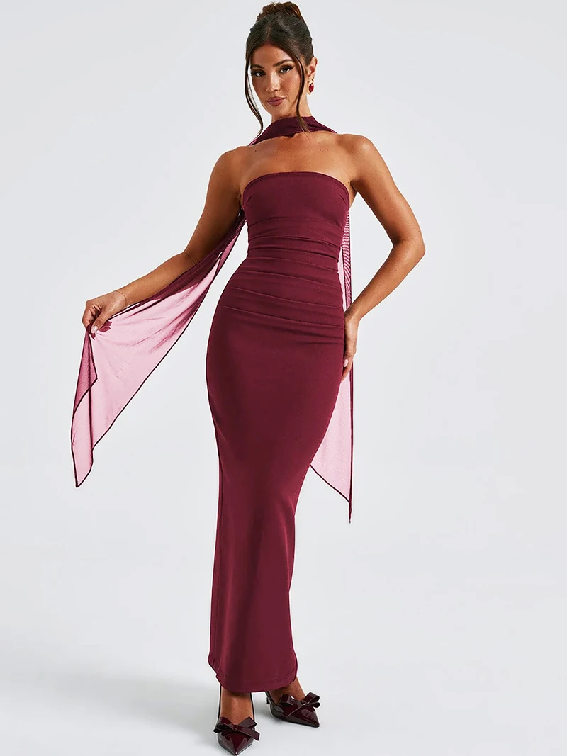 DGLUKE Elegant Strapless Maxi Dresses Woman 2025 New Ruched Bodycon Backless Long Dress Burgundy Evening Prom Dress With Gloves