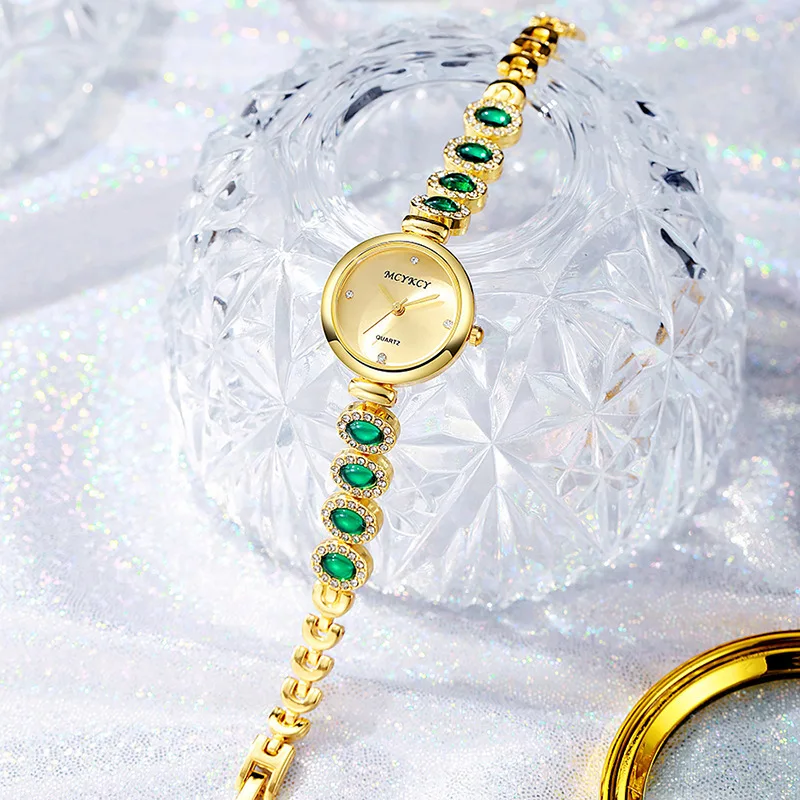 KAIRIS Women's Quartz Watch Gold Tone Green Crystal Bracelet Round Dial Rhinestone Elegant Fashion Wristwatch
