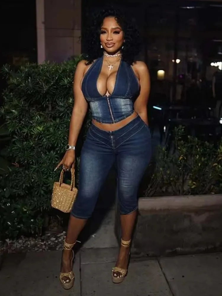 

Leosoxs Denim 2 Piece Set Women Summer Halter Wrap Chest Backless Zip Halter Tops+Shorts Matching Hipster Vintage Streetwear
