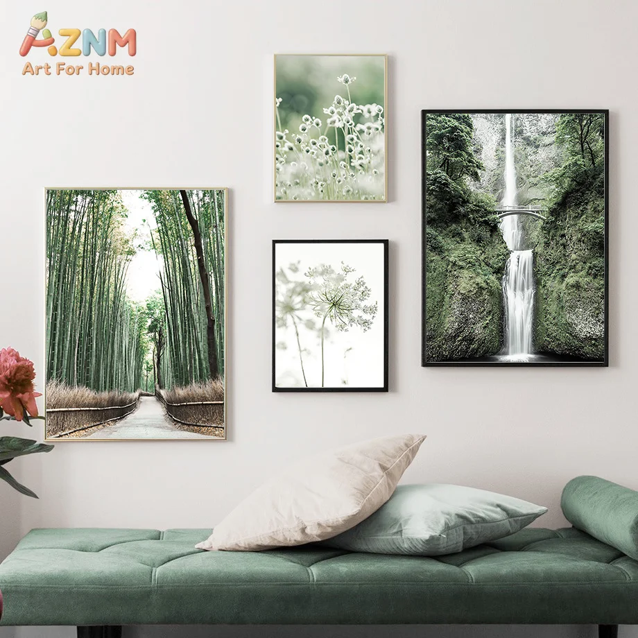 AZNM Green Bamboo Forest Waterfall Wild Floral Canvas Print Inspirational Text Quote Natural Scenery Minimalist Wall Poster Unfr