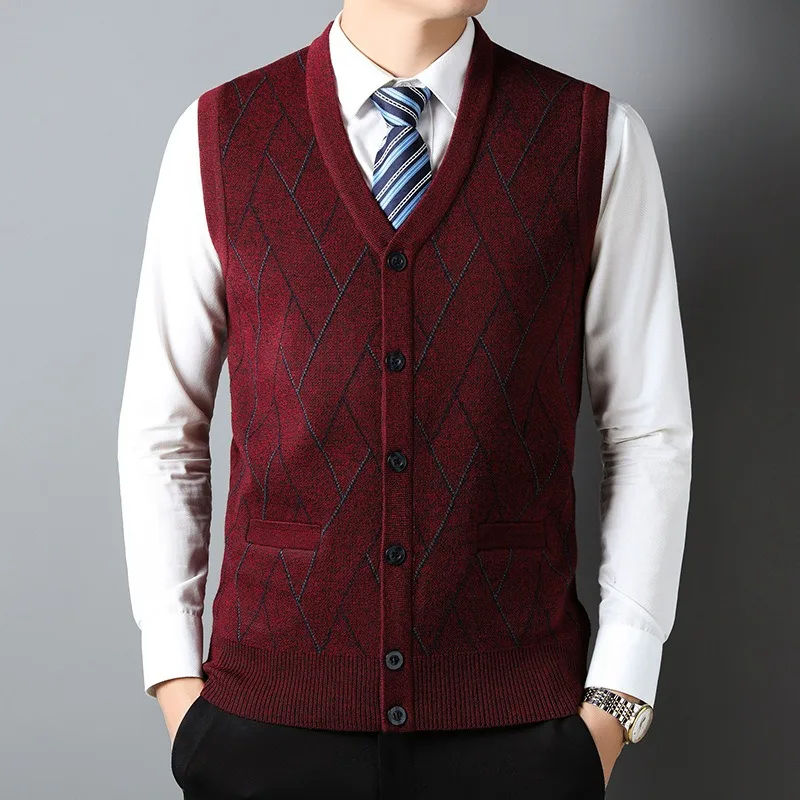 Men's Autumn and Winter V-neck Diamond Grid Knitted Vest, Business Casual Cardigan, Vest, Middle-aged Versatile Warm Clothing