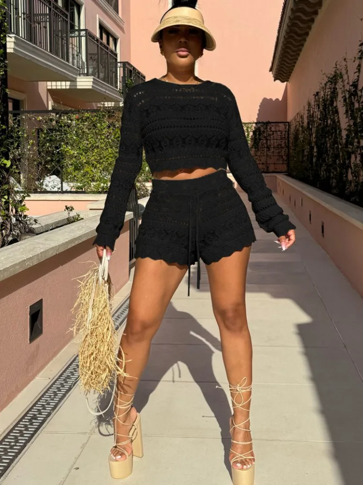 Donne sexy all'uncinetto scava fuori patchwork top abiti moda girocollo pullover pantaloncini corti set estate femminile beach party outfit