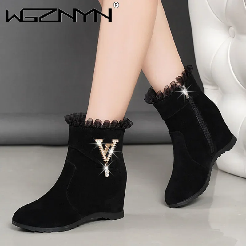 Autumn and Winter New Frosted Women Boots Mid-heel Rhinestone Women riding Boots Fur Rubber Mixed Colors Ladies Wedges Boots