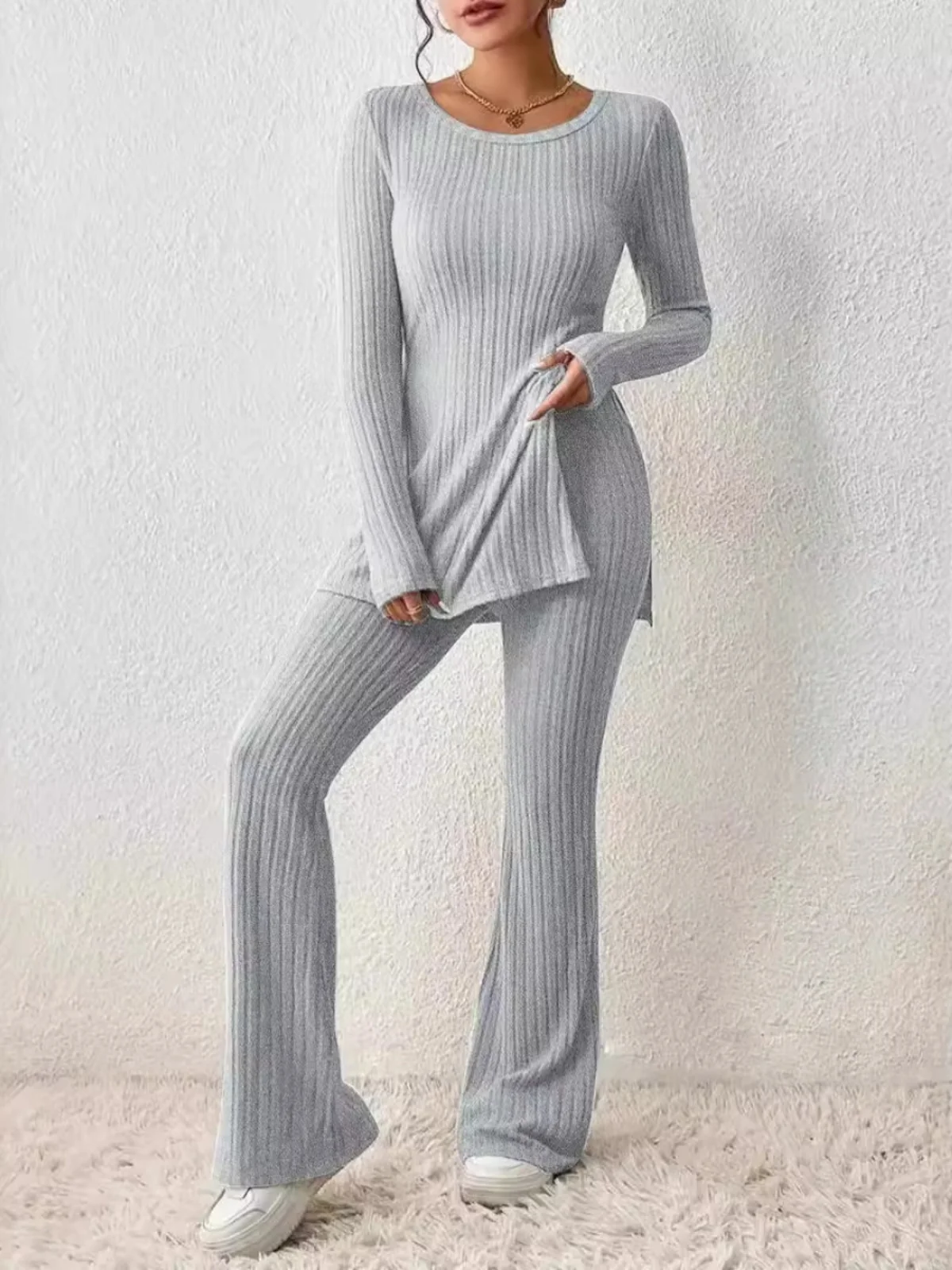 

Autumn Winter Casual Faion Loose round Ne Knitted Sweater High Waist Wide Leg Pants Two Piece Set Women's Outfit