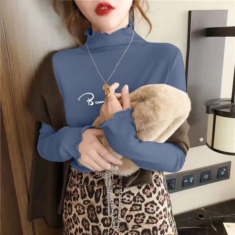 2023 New Women Oversized Outer Wearing Half High Collar Base Shirt Versatile Autumn Winter Letter Printed T-shirt Top Undershirt