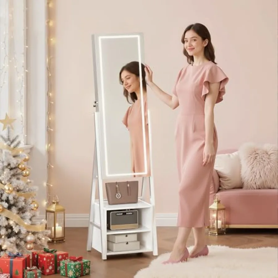Jewelry Cabinet with Lights for Bedroom, Pearl White MDF, 3 Color Modes, USB-Powered Full-Length Mirror with Lockable Storage