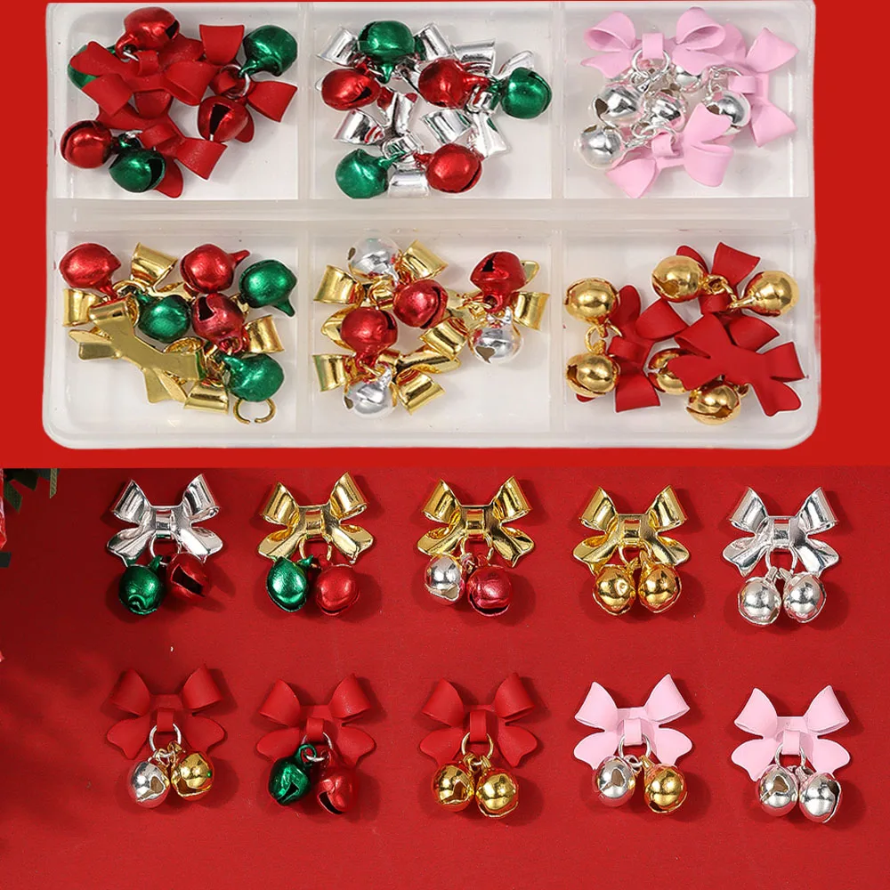 Cloche à nœud papillon de noël 3D, 6 grilles, breloques pour ongles, alliage rouge/vert, pendentif, décorations pour Nail Art, cloche de noël, accessoire pour ongles à faire soi-même